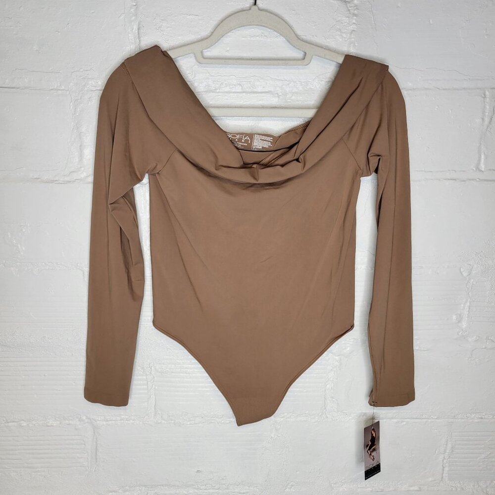 Sofia Jeans by Sofia Vergara Women's Large Off Shoulder Bodysuit Brown